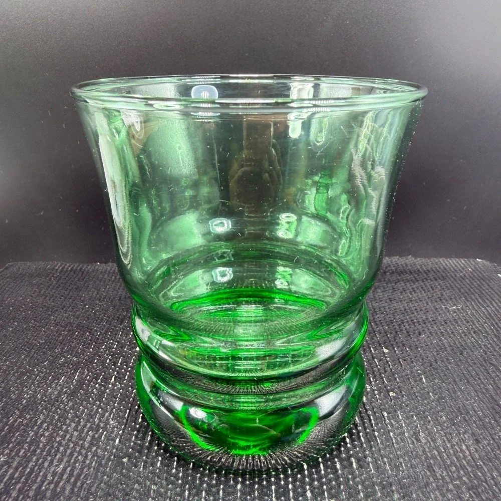 Anchor Hocking Green Glass Tumblers Ringed‎ Beehive Base Set of 2 Vintage 4 inch